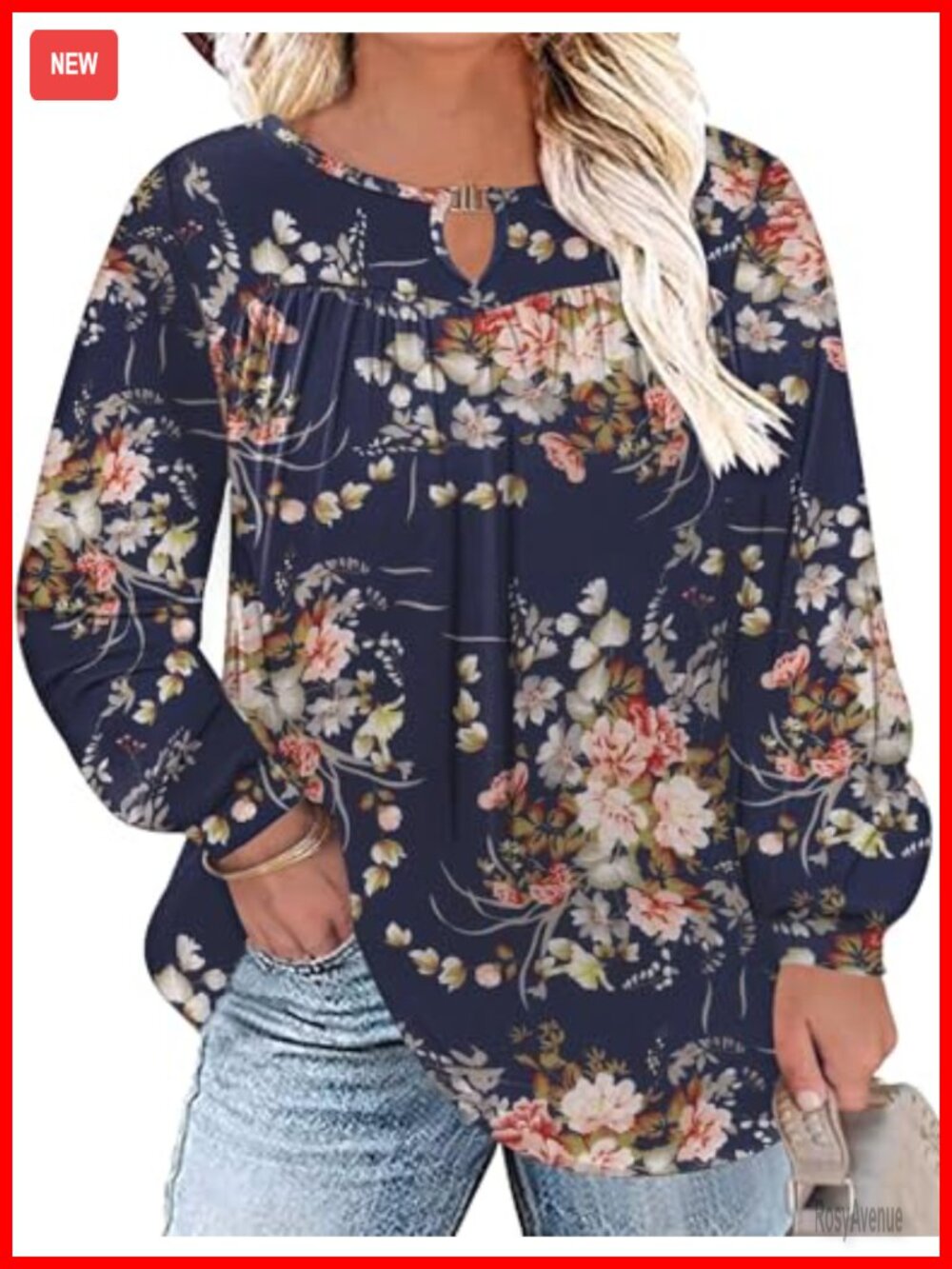 Plus Size Tunic Top Long Sleeve V Neck Pleated Keyhole Blouse 95% Polyester 5%